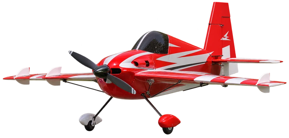 Red and white model aircraft showing its airframe, propeller and landing gear