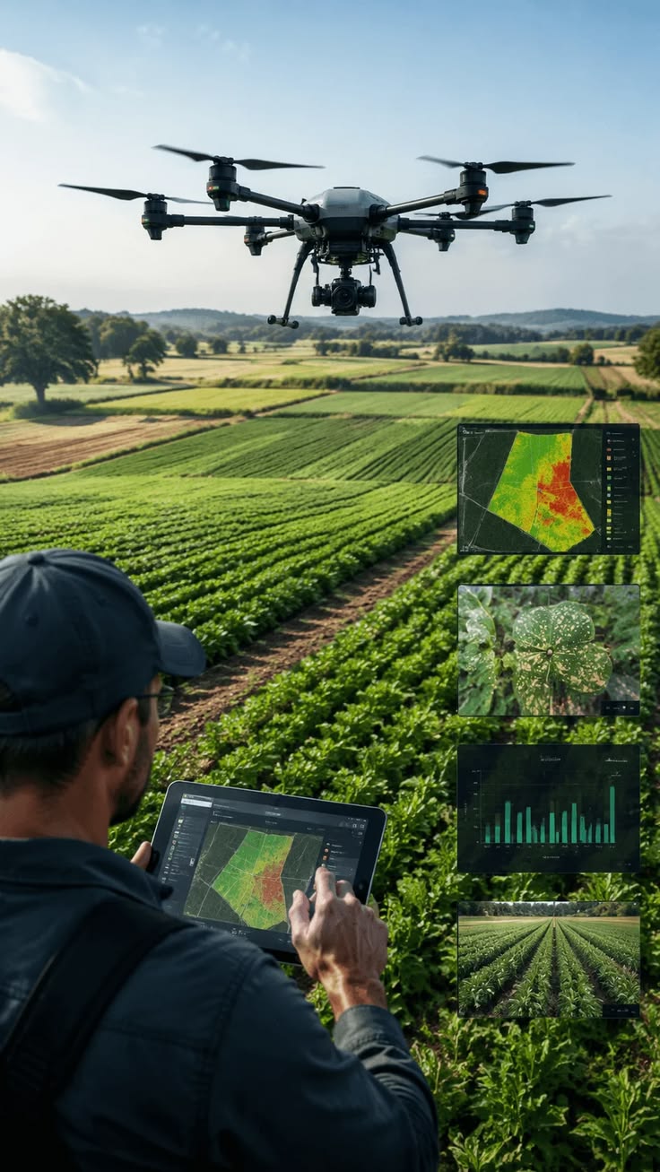 Illustration of a drone and field operator reviewing crop maps and imagery