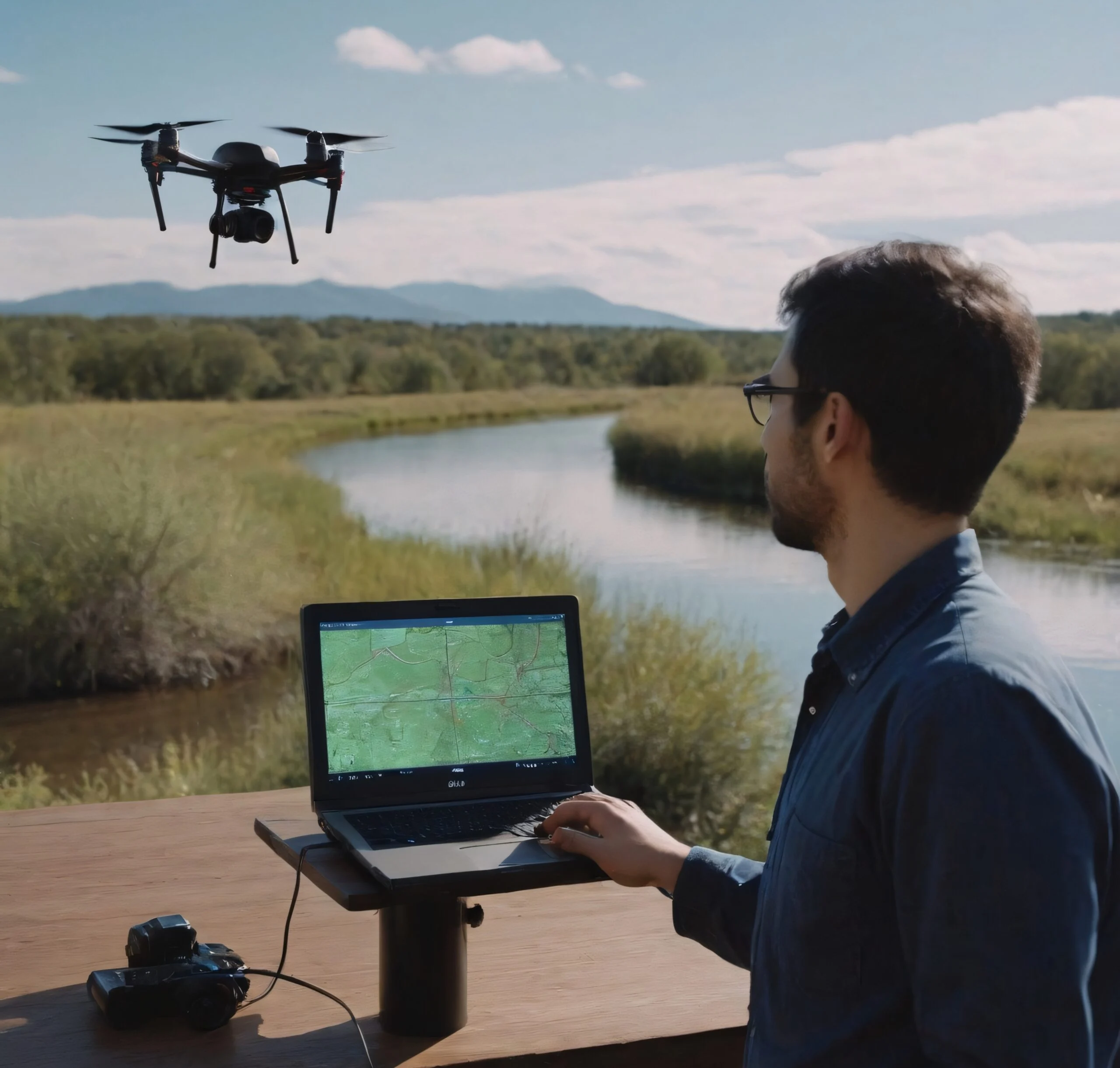 Drone operator using a laptop beside a river while a multirotor flies nearby
