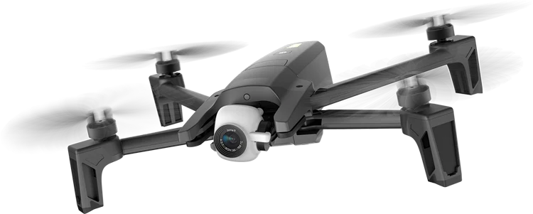 Black multirotor drone with a front-mounted camera, isolated from its background